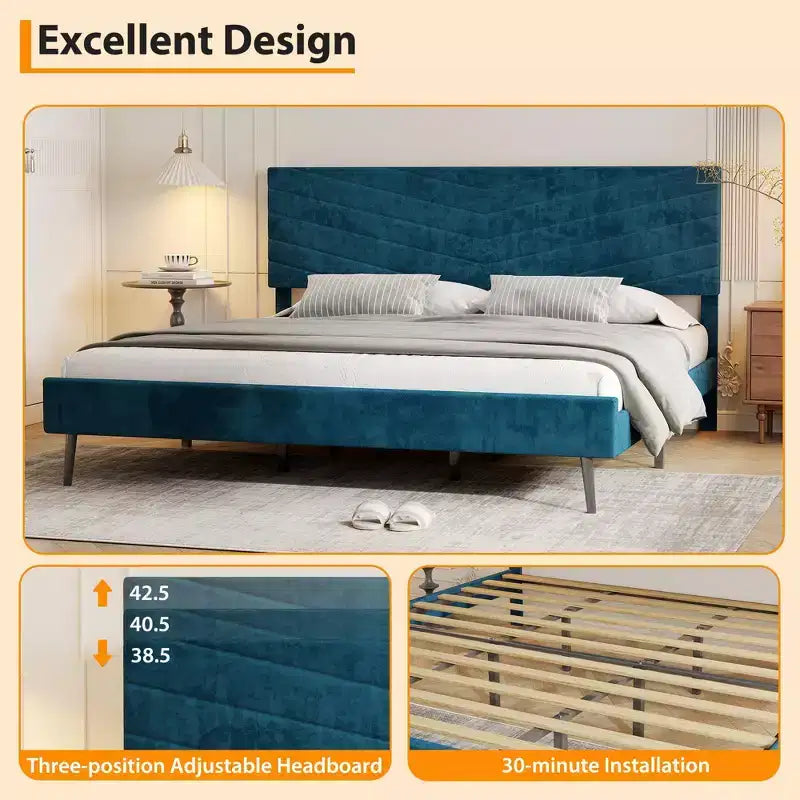King-size bed frame, velvet upholstered platform bed, modern style bed frame, slatted support, adjustable headboard, no box spring needed