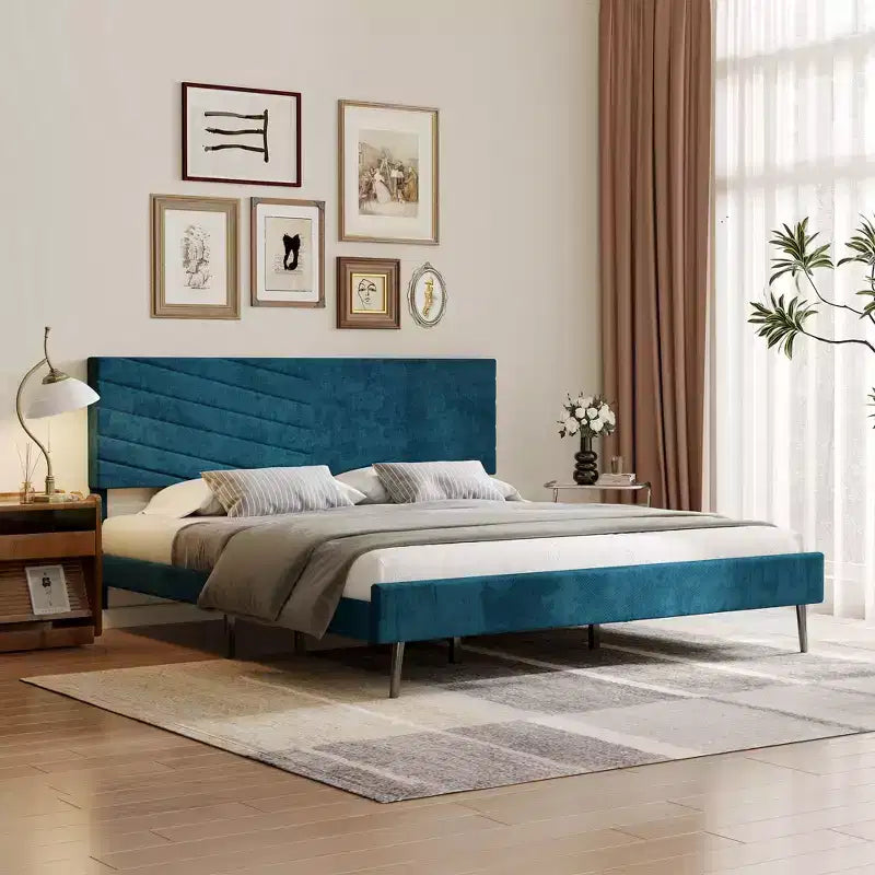 Struttura letto king-size, letto a piattaforma rivestito in velluto, struttura letto in stile moderno, supporto a doghe, testiera regolabile, non è necessaria la rete a molle