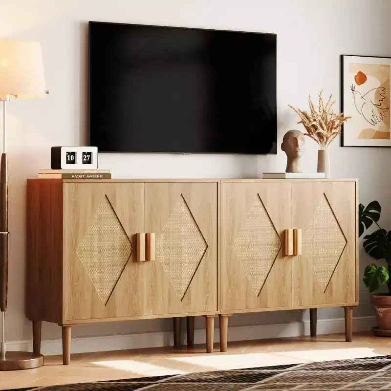 Mobile Buffet GustoWave con Contenitore, Armadietto Contenitore con 2 Sportelli in Rattan, Credenza, Mobiletto d'Accento per Soggiorno, Sala da Pranico, Ingresso