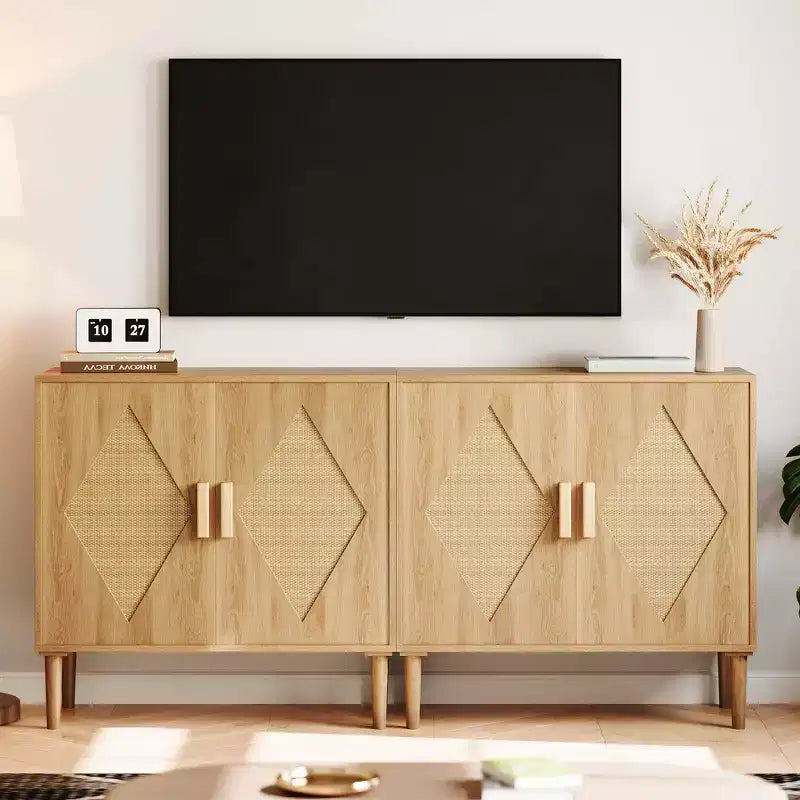 Mobile Buffet GustoWave con Contenitore, Armadietto Contenitore con 2 Sportelli in Rattan, Credenza, Mobiletto d'Accento per Soggiorno, Sala da Pranico, Ingresso
