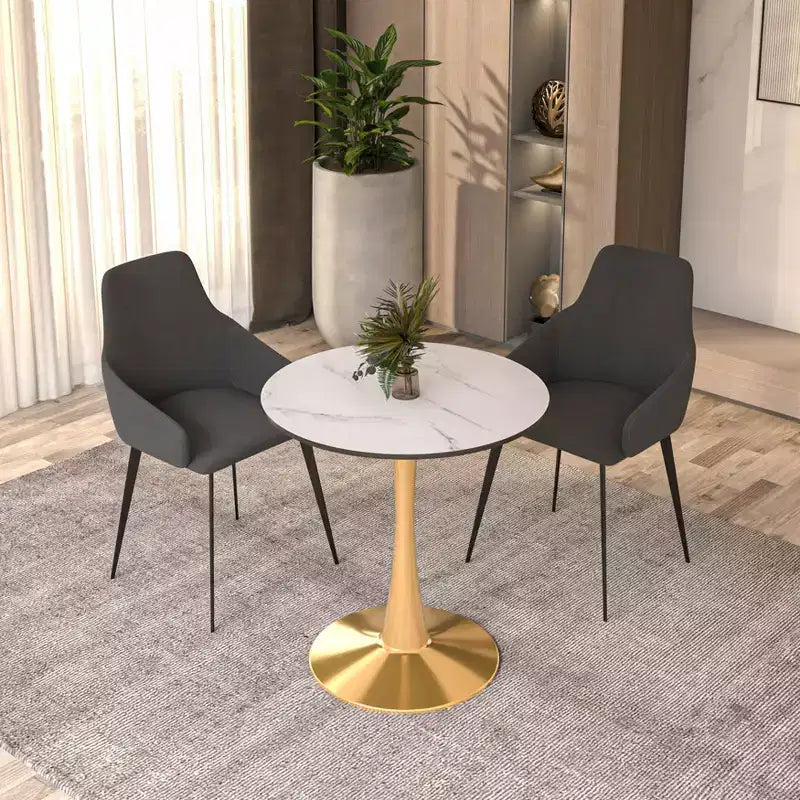 LeisureMod Bristol 24 Tavolo da Pranzo Rotondo, Moderno Piano in MDF e Base a Piedistallo Dorata, Tavolino d'Appoggio per Bar o Sala da Pranzo