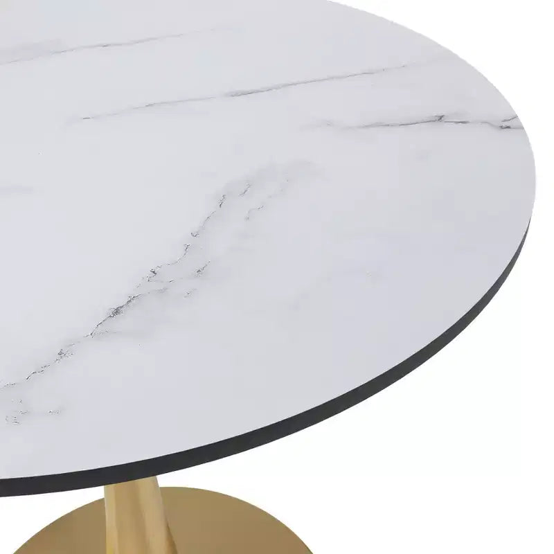 LeisureMod Bristol 24 Tavolo da Pranzo Rotondo, Moderno Piano in MDF e Base a Piedistallo Dorata, Tavolino d'Appoggio per Bar o Sala da Pranzo