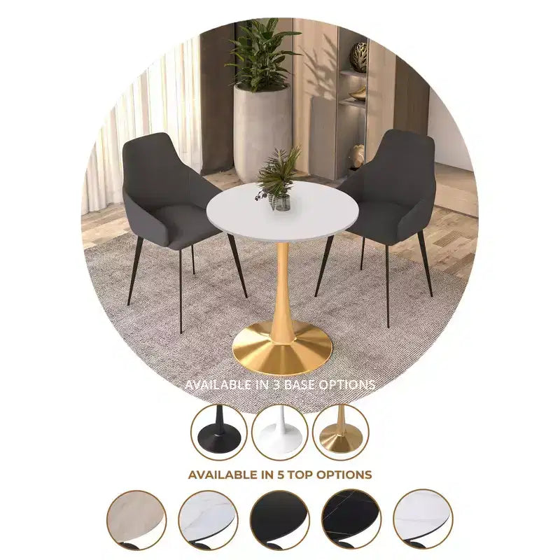 LeisureMod Bristol 24 Tavolo da Pranzo Rotondo, Moderno Piano in MDF e Base a Piedistallo Dorata, Tavolino d'Appoggio per Bar o Sala da Pranzo