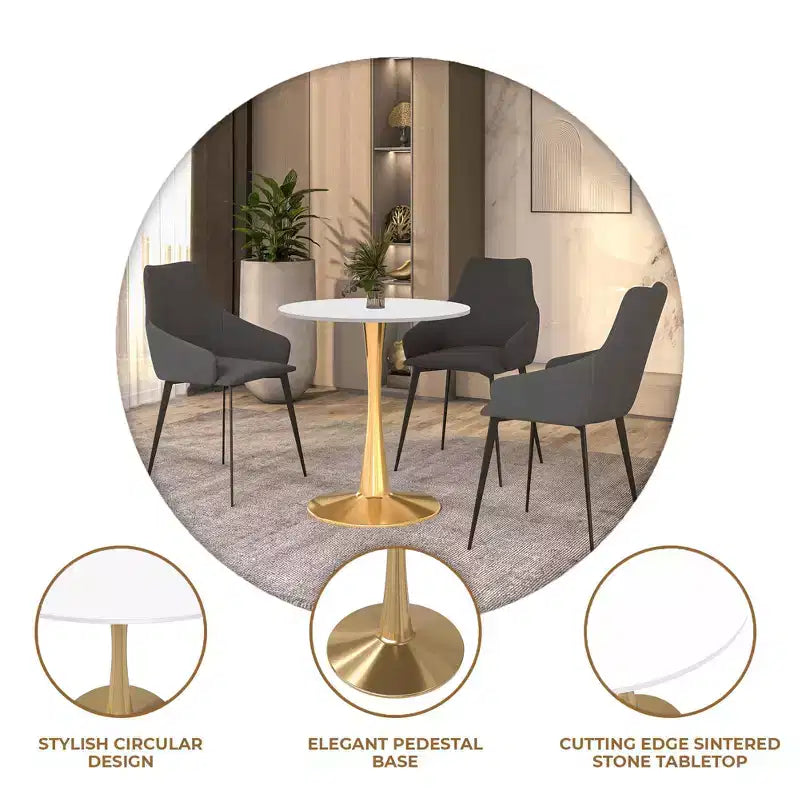 LeisureMod Bristol 24 Tavolo da Pranzo Rotondo, Moderno Piano in MDF e Base a Piedistallo Dorata, Tavolino d'Appoggio per Bar o Sala da Pranzo