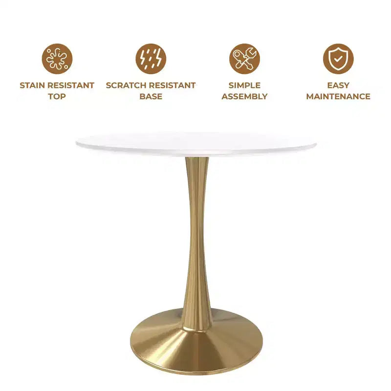 LeisureMod Bristol 24 Tavolo da Pranzo Rotondo, Moderno Piano in MDF e Base a Piedistallo Dorata, Tavolino d'Appoggio per Bar o Sala da Pranzo