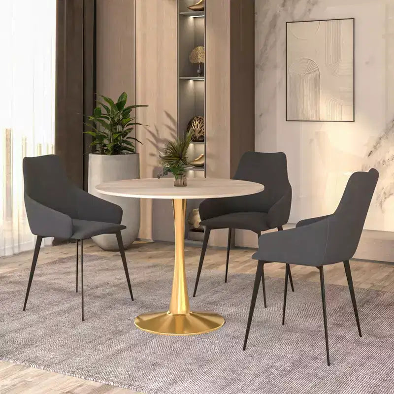 LeisureMod Bristol 24 Tavolo da Pranzo Rotondo, Moderno Piano in MDF e Base a Piedistallo Dorata, Tavolino d'Appoggio per Bar o Sala da Pranzo