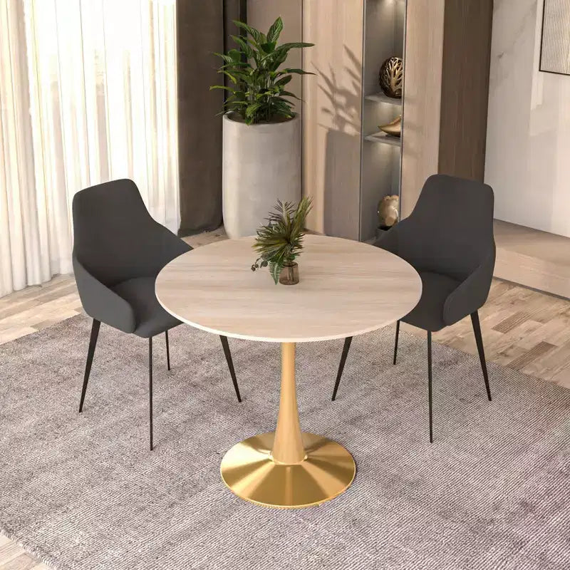 LeisureMod Bristol 24 Tavolo da Pranzo Rotondo, Moderno Piano in MDF e Base a Piedistallo Dorata, Tavolino d'Appoggio per Bar o Sala da Pranzo