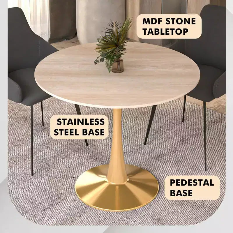 LeisureMod Bristol 24 Tavolo da Pranzo Rotondo, Moderno Piano in MDF e Base a Piedistallo Dorata, Tavolino d'Appoggio per Bar o Sala da Pranzo