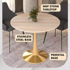 LeisureMod Bristol 24 Tavolo da Pranzo Rotondo, Moderno Piano in MDF e Base a Piedistallo Dorata, Tavolino d'Appoggio per Bar o Sala da Pranzo