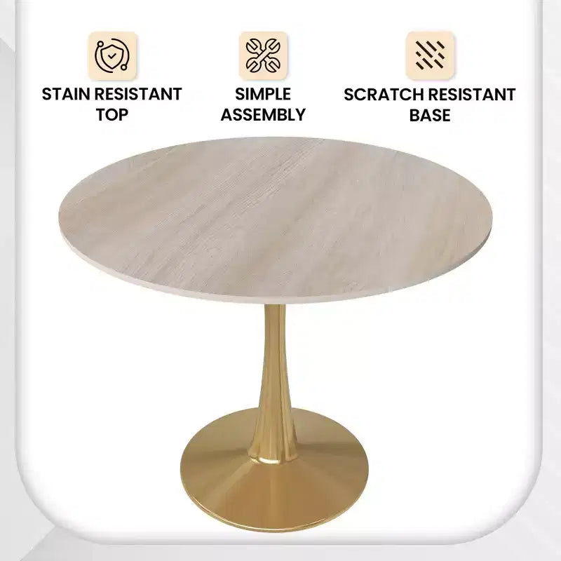 LeisureMod Bristol 24 Tavolo da Pranzo Rotondo, Moderno Piano in MDF e Base a Piedistallo Dorata, Tavolino d'Appoggio per Bar o Sala da Pranzo