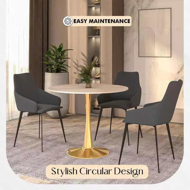 LeisureMod Bristol 24 Tavolo da Pranzo Rotondo, Moderno Piano in MDF e Base a Piedistallo Dorata, Tavolino d'Appoggio per Bar o Sala da Pranzo