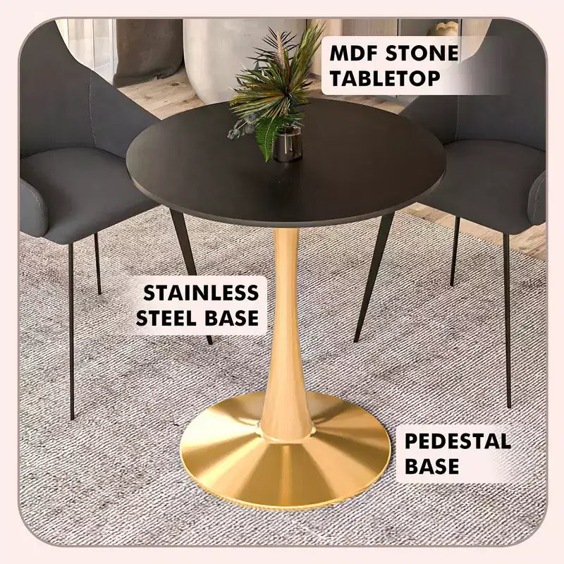 LeisureMod Bristol 24 Tavolo da Pranzo Rotondo, Moderno Piano in MDF e Base a Piedistallo Dorata, Tavolino d'Appoggio per Bar o Sala da Pranzo