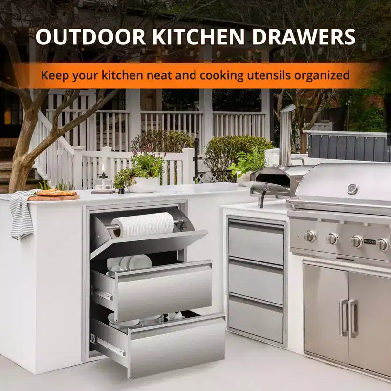 Cassetto estraibile da cucina in acciaio inox con portasciugamani, scaffale organizer per griglia a tre livelli, adatto per isole barbecue e patii