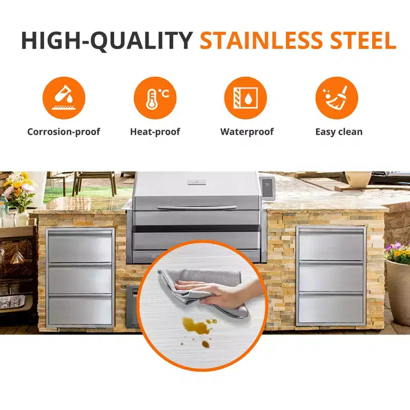 Cassetto estraibile da cucina in acciaio inox con portasciugamani, scaffale organizer per griglia a tre livelli, adatto per isole barbecue e patii