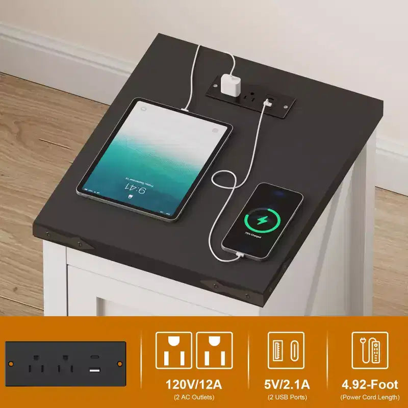 Tavolino rustico con stazione di ricarica e 2 porte USB-C Tavolino da comodino moderno con 2 prese CA, ripiano regolabile e gestione dei cavi
