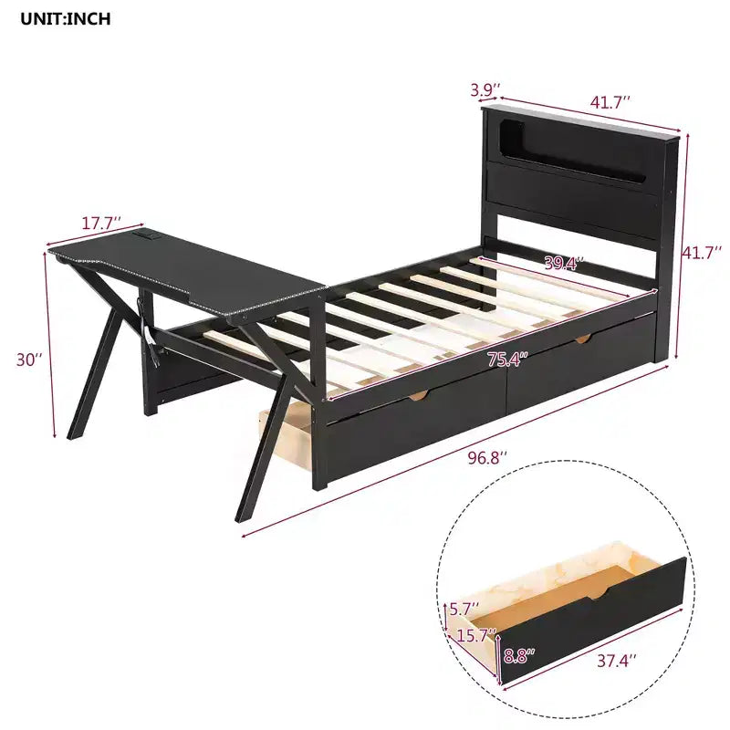 Letto a piattaforma per gaming in legno Twin/Full Size con testiera LED, scrivania e cassetti portaoggetti USB, nero - ModernLuxe