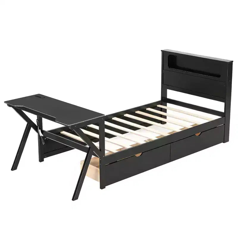 Letto a piattaforma per gaming in legno Twin/Full Size con testiera LED, scrivania e cassetti portaoggetti USB, nero - ModernLuxe