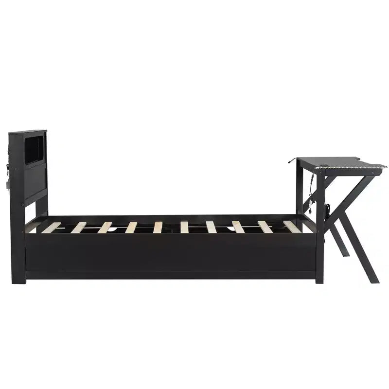 Letto a piattaforma per gaming in legno Twin/Full Size con testiera LED, scrivania e cassetti portaoggetti USB, nero - ModernLuxe