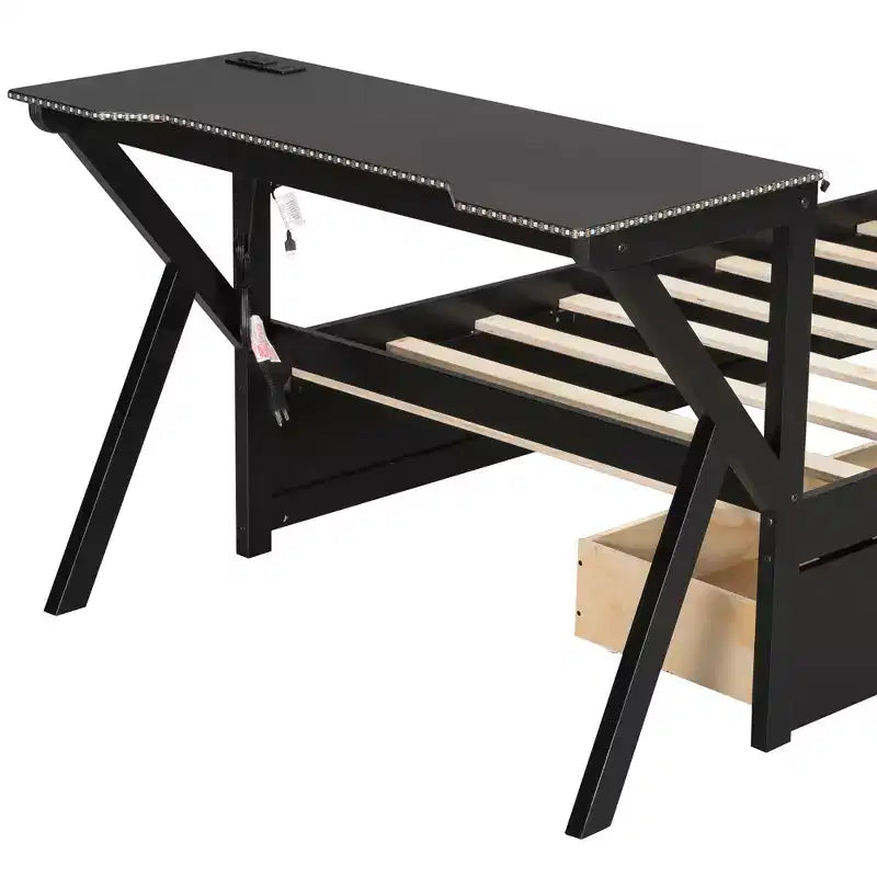 Letto a piattaforma per gaming in legno Twin/Full Size con testiera LED, scrivania e cassetti portaoggetti USB, nero - ModernLuxe
