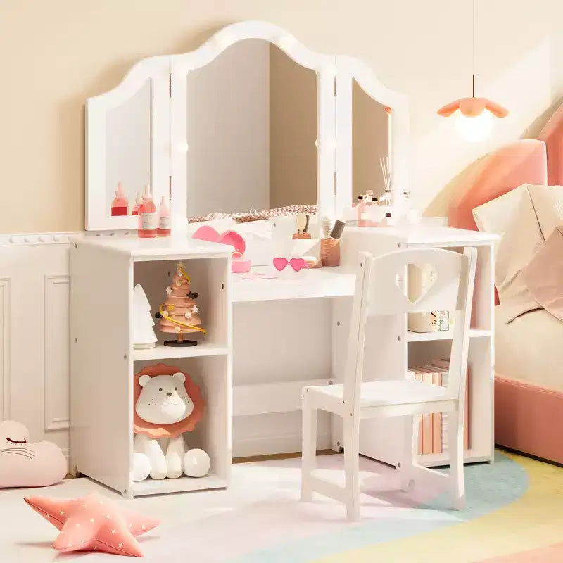 Set toilette e sedia 2 in 1 per bambine con luci, specchio a tre ante rimovibile e set trucco in legno - Scrivania da toeletta da principessa con contenitore per bambini