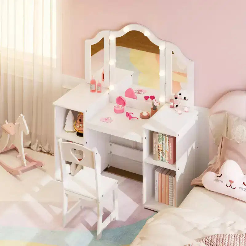 Set toilette e sedia 2 in 1 per bambine con luci, specchio a tre ante rimovibile e set trucco in legno - Scrivania da toeletta da principessa con contenitore per bambini