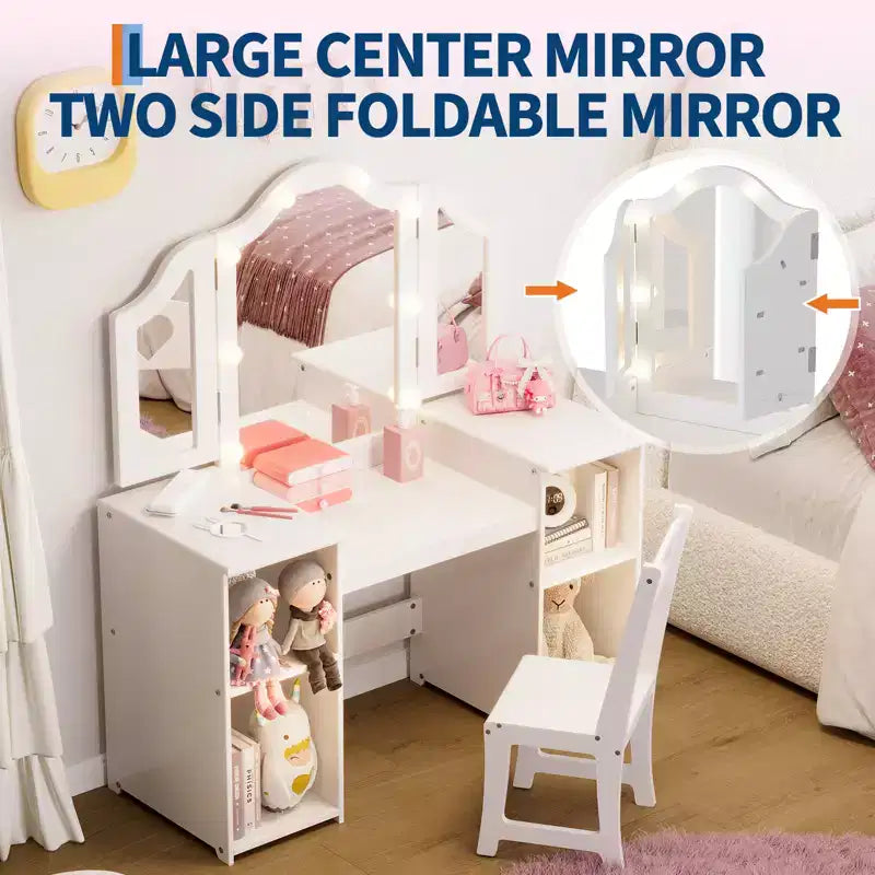 Set toilette e sedia 2 in 1 per bambine con luci, specchio a tre ante rimovibile e set trucco in legno - Scrivania da toeletta da principessa con contenitore per bambini