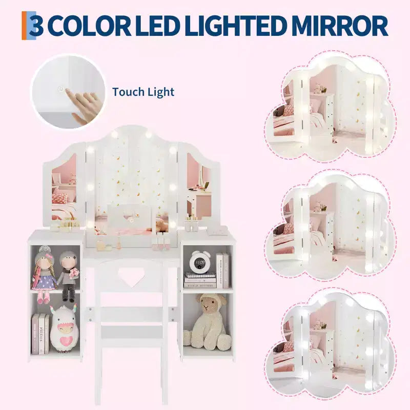 Set toilette e sedia 2 in 1 per bambine con luci, specchio a tre ante rimovibile e set trucco in legno - Scrivania da toeletta da principessa con contenitore per bambini