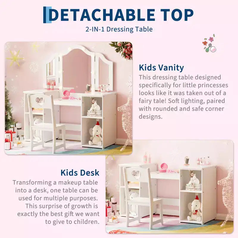 Set toilette e sedia 2 in 1 per bambine con luci, specchio a tre ante rimovibile e set trucco in legno - Scrivania da toeletta da principessa con contenitore per bambini