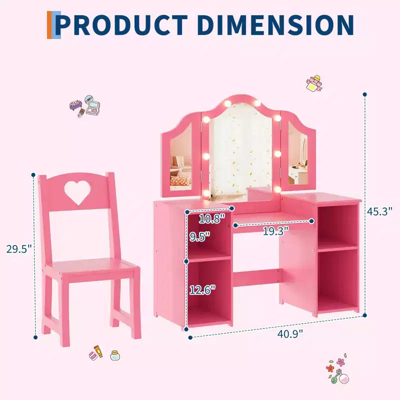 Set toilette e sedia 2 in 1 per bambine con luci, specchio a tre ante rimovibile e set trucco in legno - Scrivania da toeletta da principessa con contenitore per bambini
