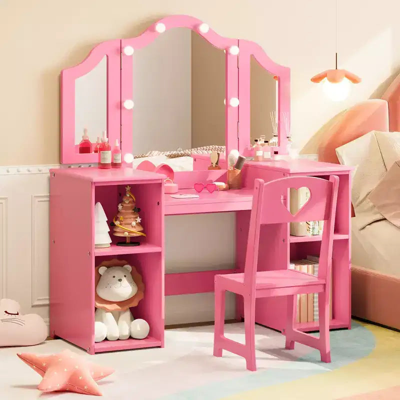 Set toilette e sedia 2 in 1 per bambine con luci, specchio a tre ante rimovibile e set trucco in legno - Scrivania da toeletta da principessa con contenitore per bambini