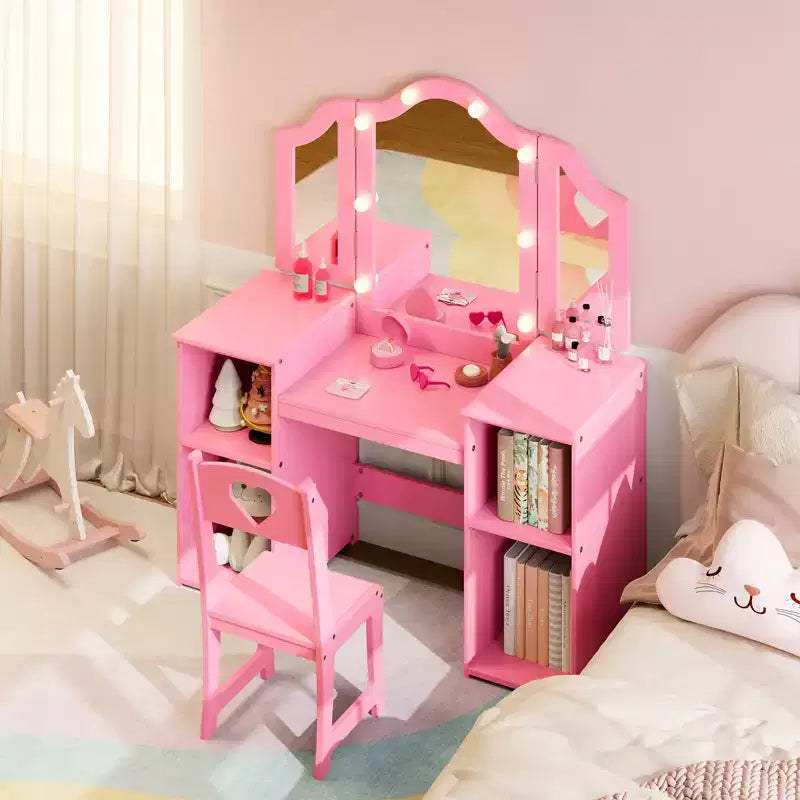 Set toilette e sedia 2 in 1 per bambine con luci, specchio a tre ante rimovibile e set trucco in legno - Scrivania da toeletta da principessa con contenitore per bambini