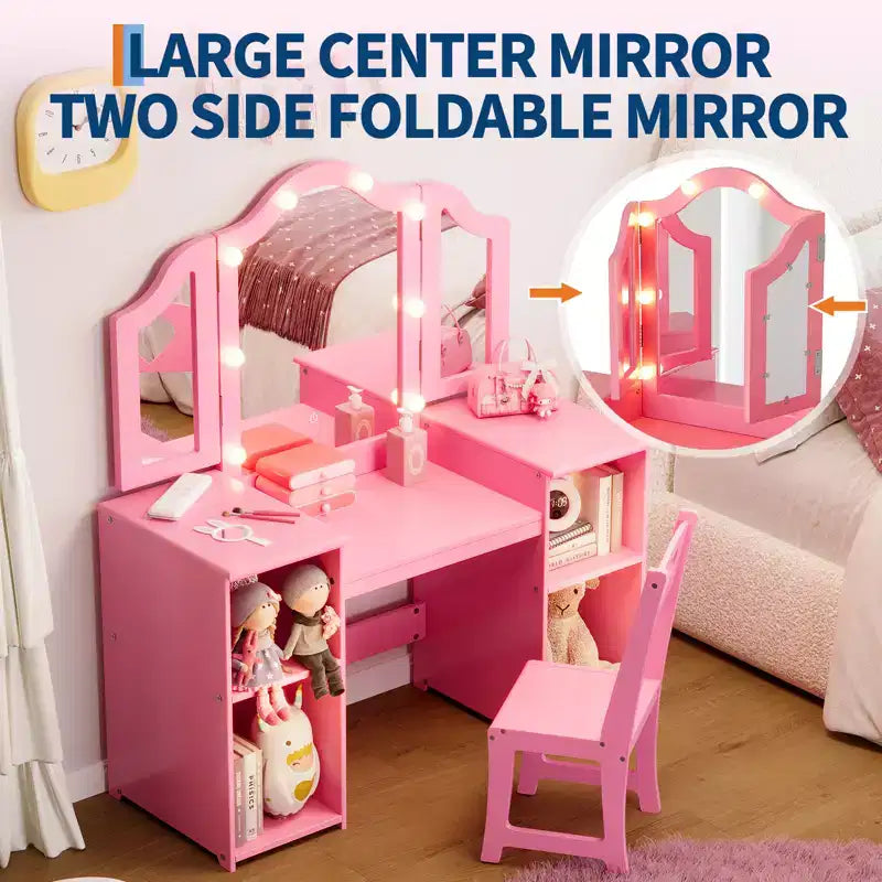 Set toilette e sedia 2 in 1 per bambine con luci, specchio a tre ante rimovibile e set trucco in legno - Scrivania da toeletta da principessa con contenitore per bambini