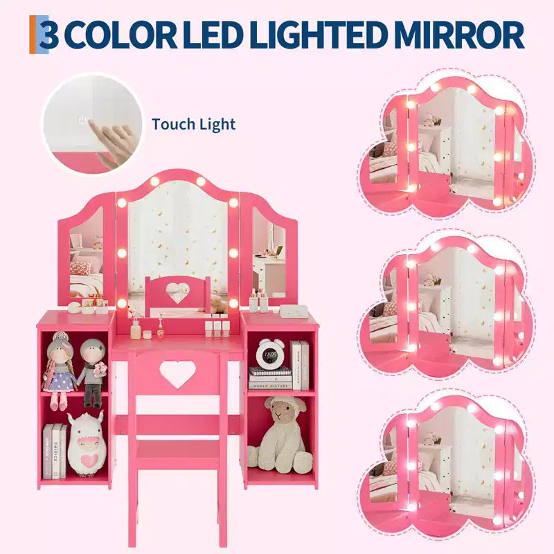 Set toilette e sedia 2 in 1 per bambine con luci, specchio a tre ante rimovibile e set trucco in legno - Scrivania da toeletta da principessa con contenitore per bambini