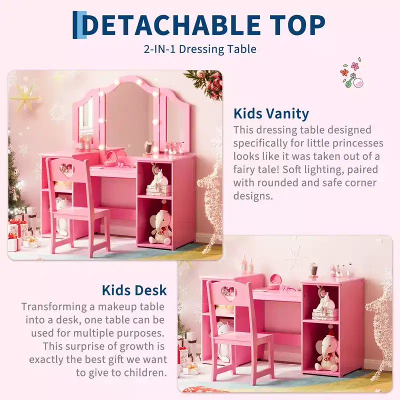 Set toilette e sedia 2 in 1 per bambine con luci, specchio a tre ante rimovibile e set trucco in legno - Scrivania da toeletta da principessa con contenitore per bambini