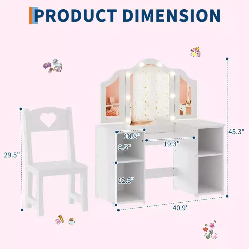 Set toilette e sedia 2 in 1 per bambine con luci, specchio a tre ante rimovibile e set trucco in legno - Scrivania da toeletta da principessa con contenitore per bambini