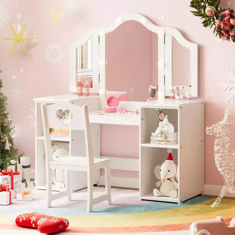 Set toilette e sedia 2 in 1 per bambine con luci, specchio a tre ante rimovibile e set trucco in legno - Scrivania da toeletta da principessa con contenitore per bambini