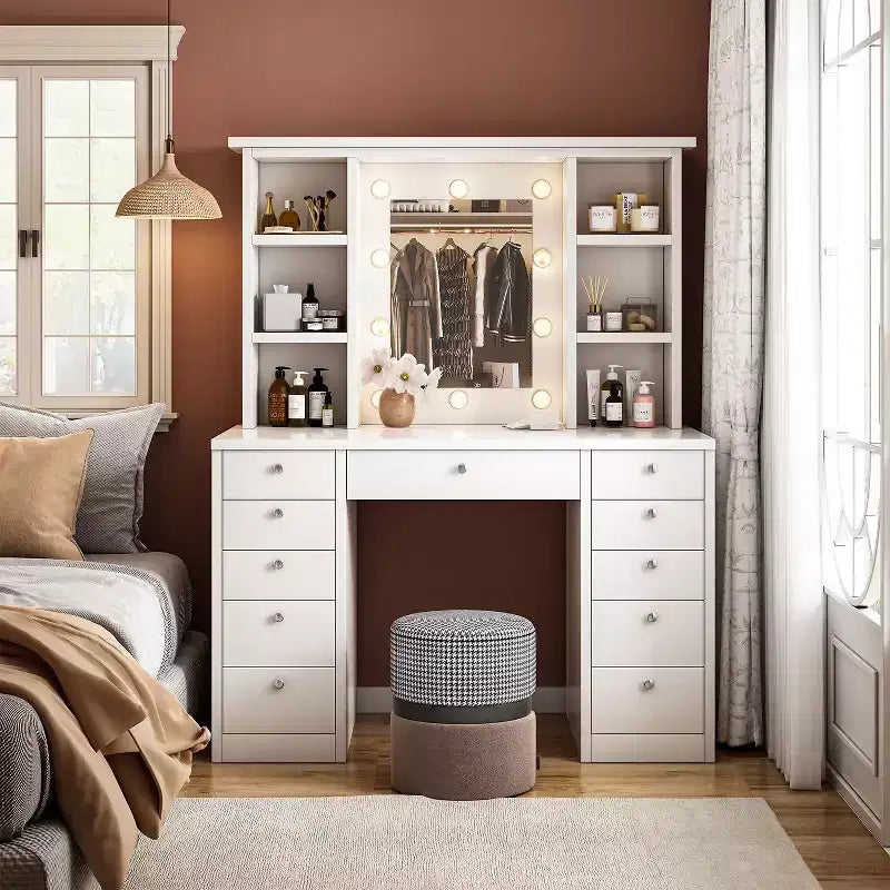 Okak Grande Toeletta con 11 Cassetti e 6 Ripiani Aperti, Mobile Trucco con Specchio e Ampio Piano, Scrivania Trucco per Camera da Letto, Soggiorno, Bianco