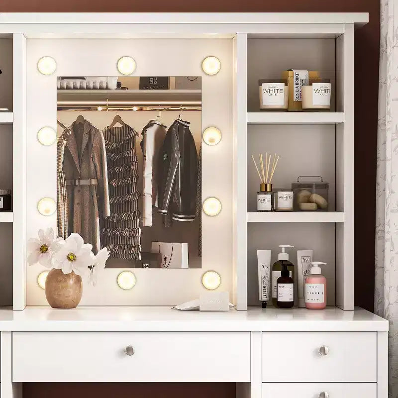 Okak Grande Toeletta con 11 Cassetti e 6 Ripiani Aperti, Mobile Trucco con Specchio e Ampio Piano, Scrivania Trucco per Camera da Letto, Soggiorno, Bianco