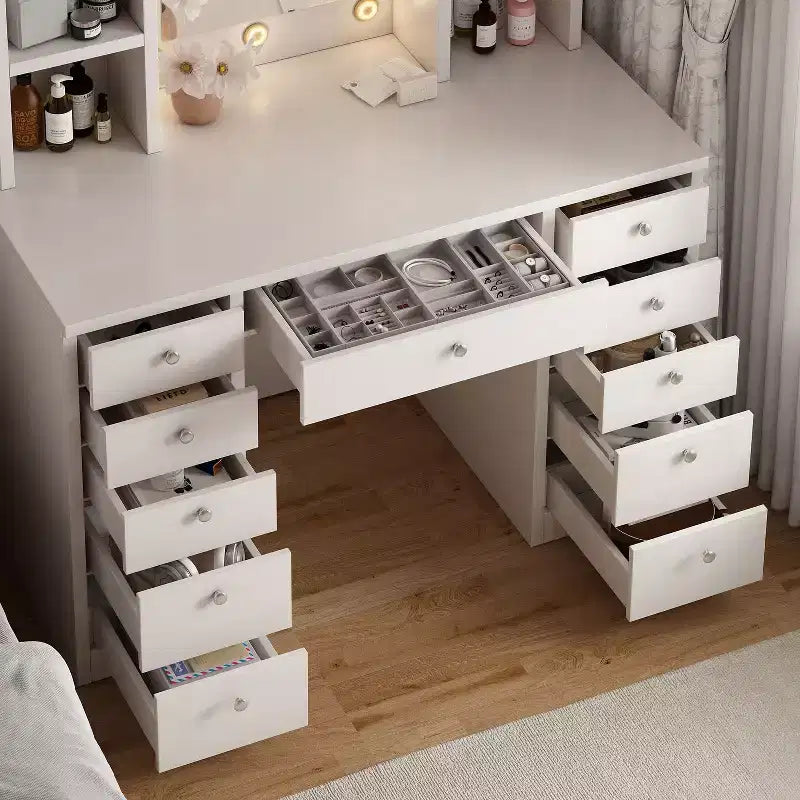 Okak Grande Toeletta con 11 Cassetti e 6 Ripiani Aperti, Mobile Trucco con Specchio e Ampio Piano, Scrivania Trucco per Camera da Letto, Soggiorno, Bianco