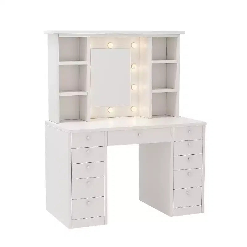 Okak Grande Toeletta con 11 Cassetti e 6 Ripiani Aperti, Mobile Trucco con Specchio e Ampio Piano, Scrivania Trucco per Camera da Letto, Soggiorno, Bianco
