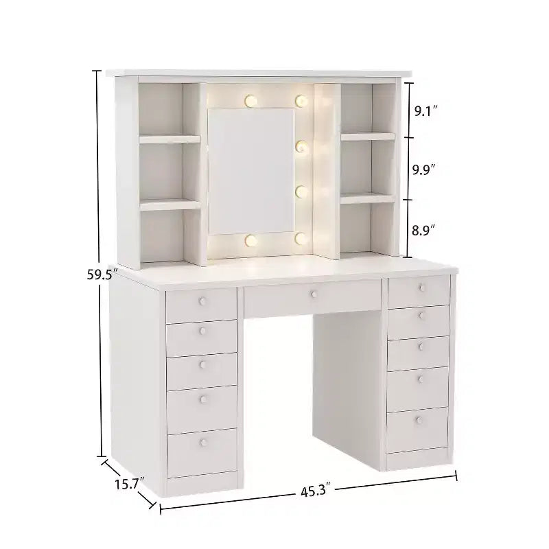 Okak Grande Toeletta con 11 Cassetti e 6 Ripiani Aperti, Mobile Trucco con Specchio e Ampio Piano, Scrivania Trucco per Camera da Letto, Soggiorno, Bianco