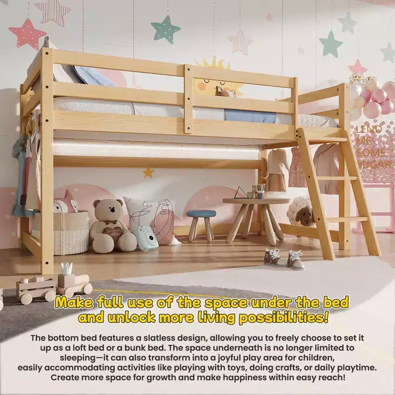 Letto a soppalco basso per bambini Bellemave Twin - Convertibile in letto a castello, struttura moderna in legno massello con illuminazione a LED, ROVERE.
