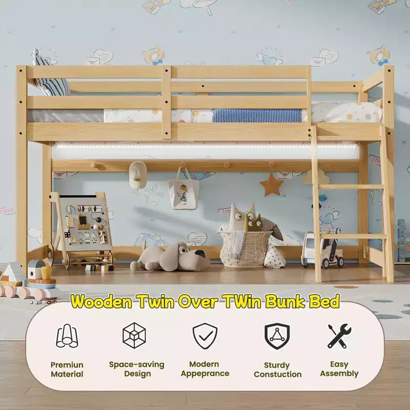 Letto a soppalco basso per bambini Bellemave Twin - Convertibile in letto a castello, struttura moderna in legno massello con illuminazione a LED, ROVERE.