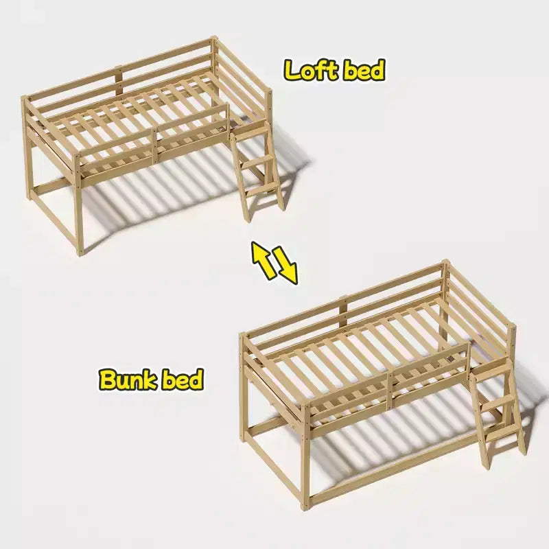 Letto a soppalco basso per bambini Bellemave Twin - Convertibile in letto a castello, struttura moderna in legno massello con illuminazione a LED, ROVERE.
