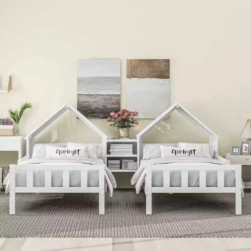 Bellemave Double Twin Size Platform Bed with House-shaped Headboard and a Built-in Nightstand, White