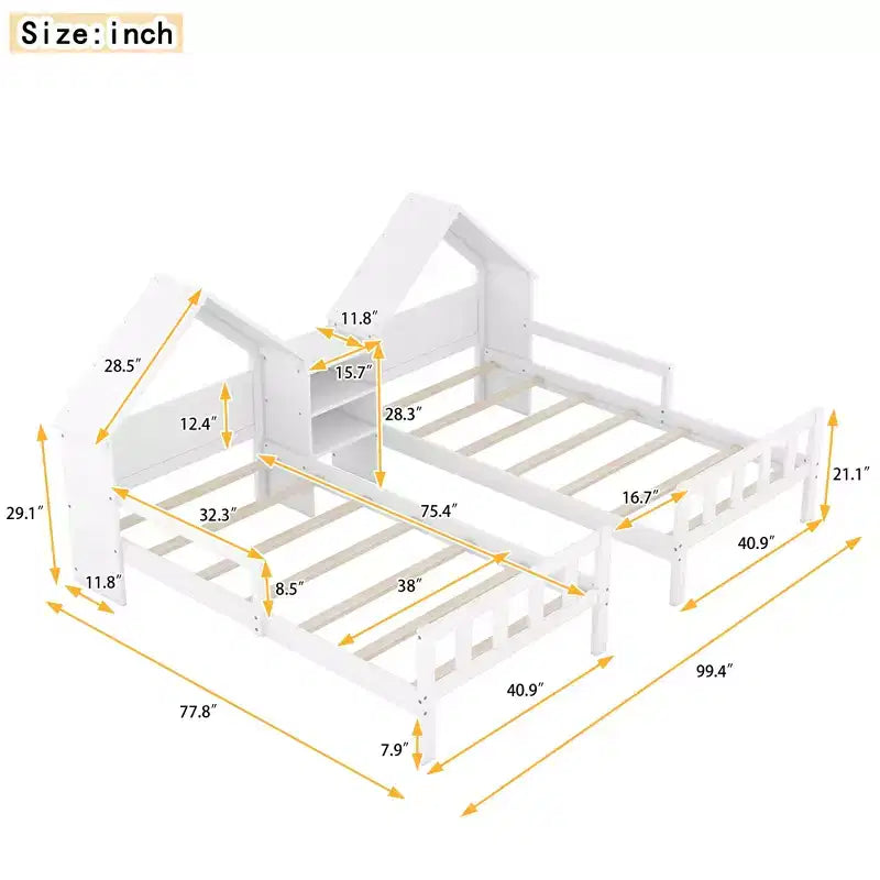 Bellemave Letto a Piattaforma Matrimoniale a Una Piazza e Mezza con Testiera a Forma di Casa e un Comodino Integrato, Bianco
