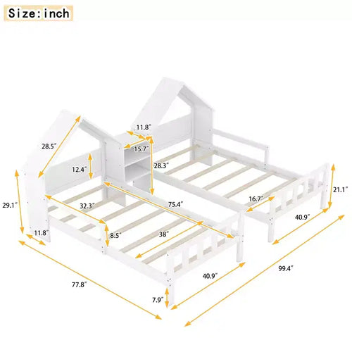 Bellemave Letto a Piattaforma Matrimoniale a Una Piazza e Mezza con Testiera a Forma di Casa e un Comodino Integrato, Bianco
