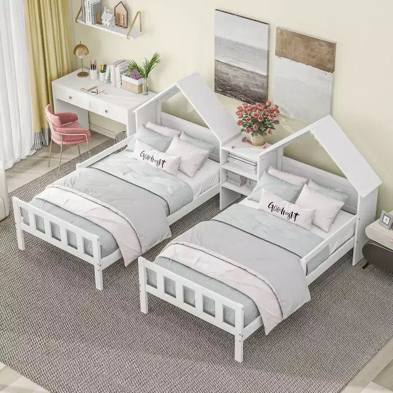 Bellemave Letto a Piattaforma Matrimoniale a Una Piazza e Mezza con Testiera a Forma di Casa e un Comodino Integrato, Bianco