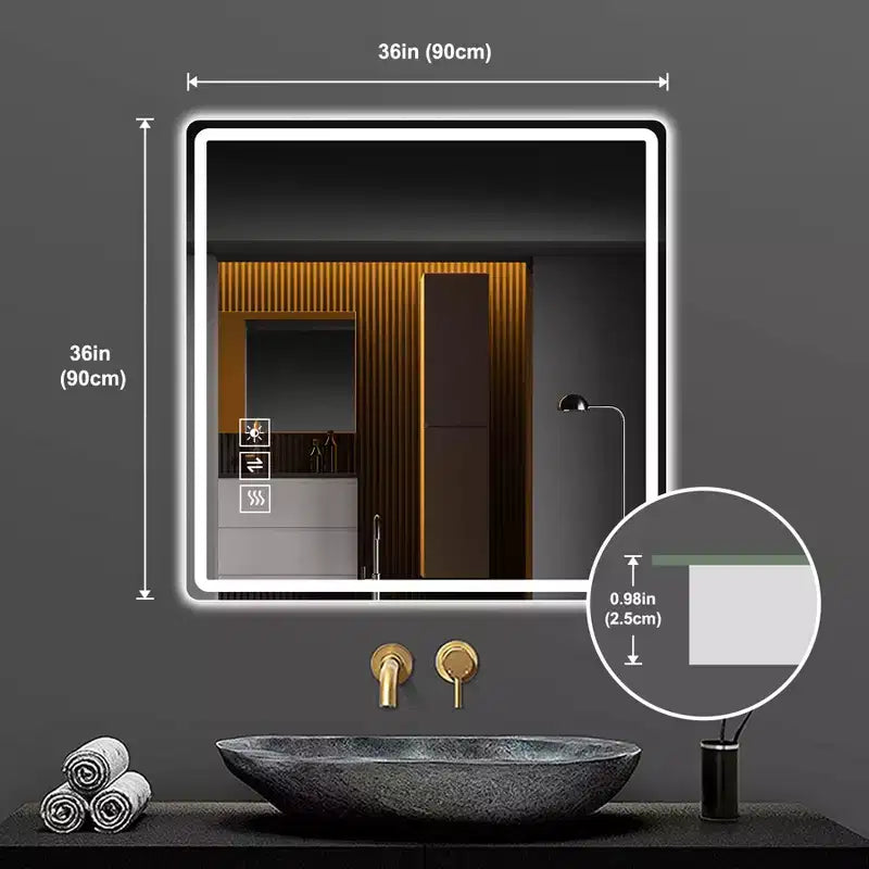 GDFStudio Kira Specchio da bagno quadrato moderno da 36 pollici con angoli arrotondati e 3 modalità di colore