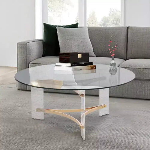 Royal Hampton 41 Inch Round Coffee Table, Glass Top, Acrylic Legs, Clear, Gold